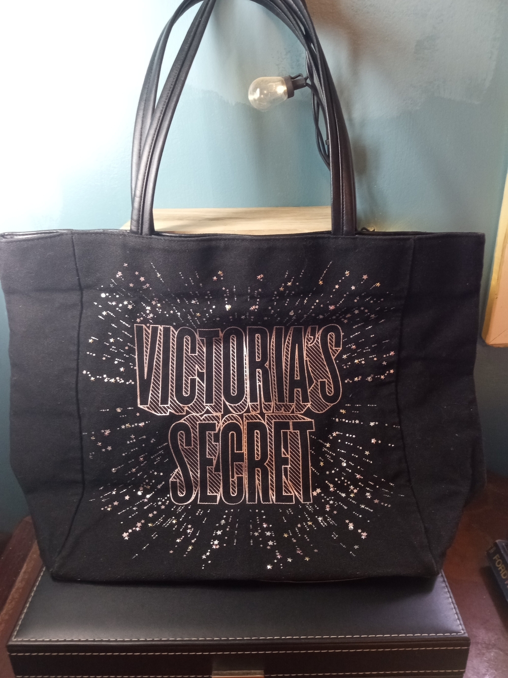 Victoria's Secret Black Canvas Logo Tote with Metallic Accents